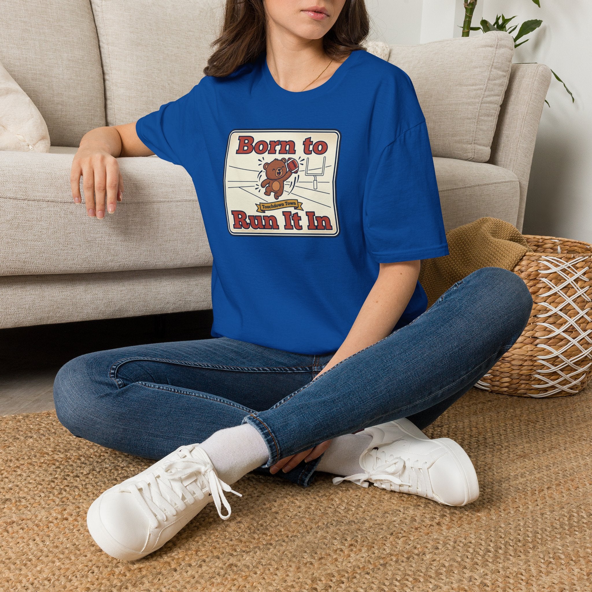 Royal blue graphic T-shirt with bear “Born to Run It In” on model