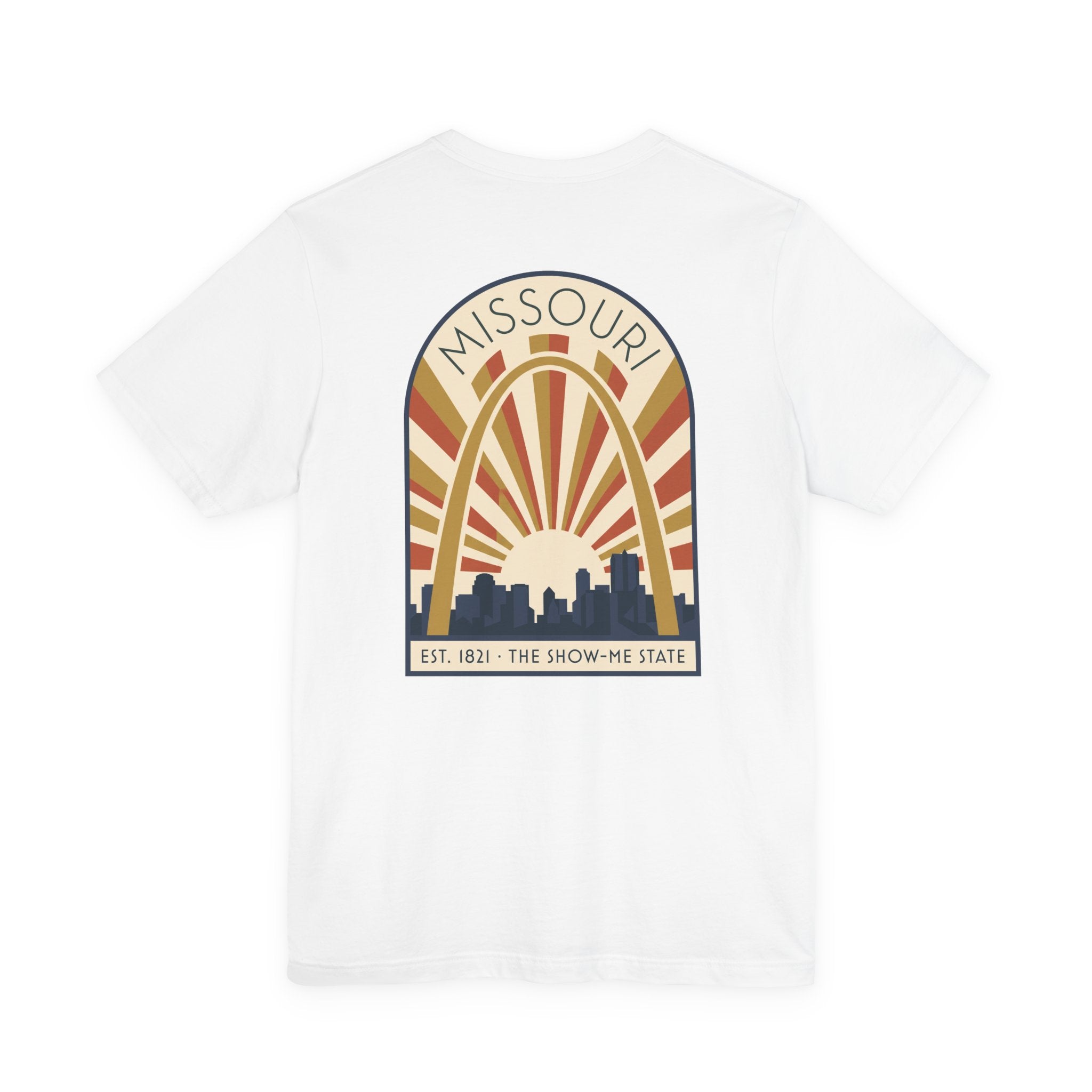 White Missouri sunrise art deco T-shirt with arch skyline graphic and “MISSOURI” text.