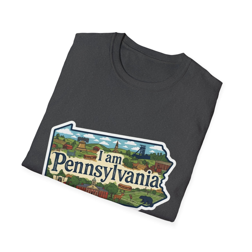 „I am Pennsylvania“-Print auf dunkelgrauem T-Shirt mit Landschaftsdetails
