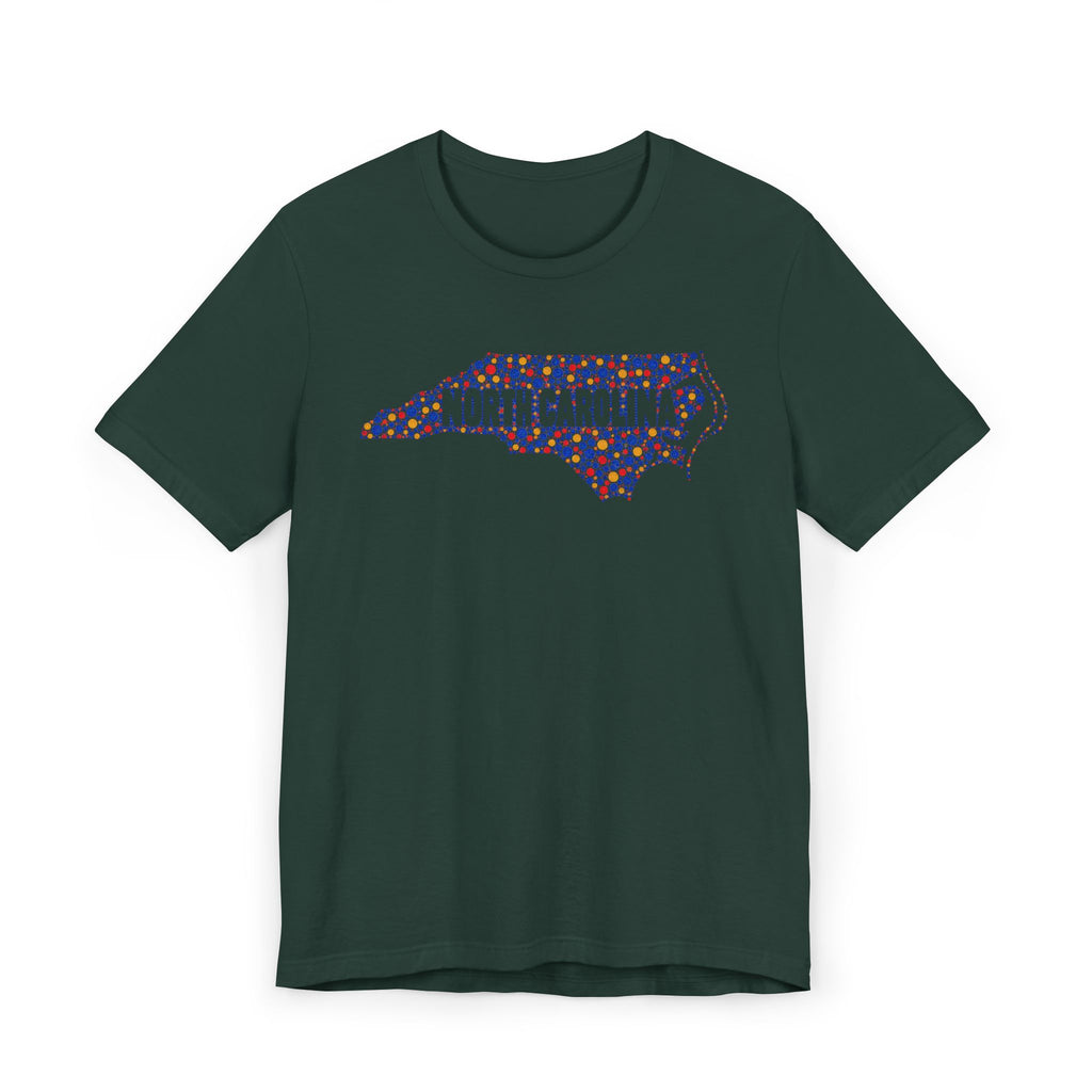 Dark green T-shirt with colorful North Carolina floral map outline graphic on chest