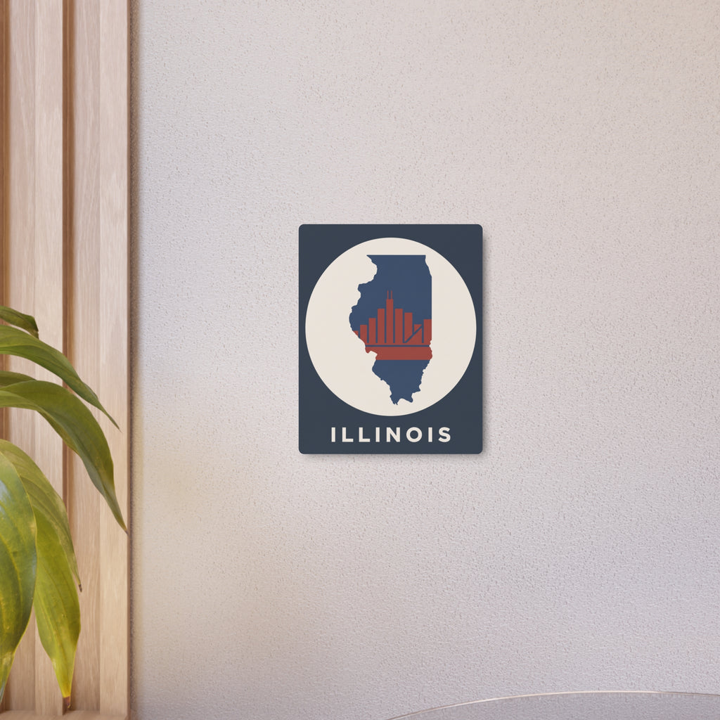 Illinois wall art sign: blue square with white circle, state silhouette, red skyline, ILLINOIS