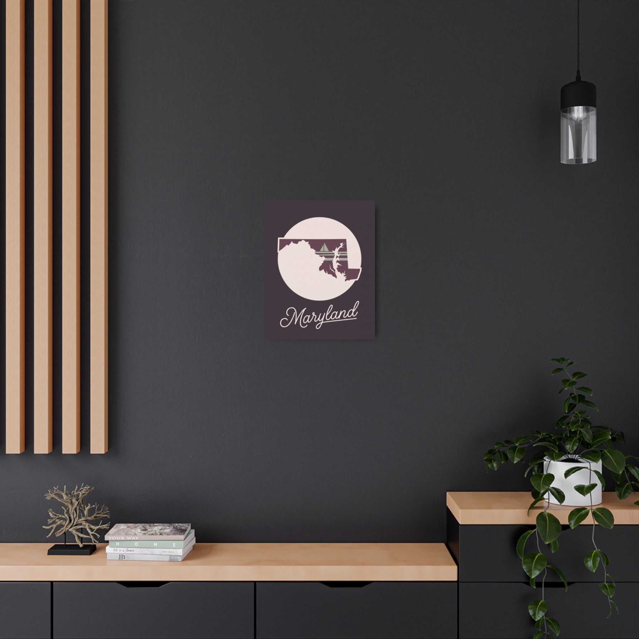 Maryland state silhouette metal wall art, circular off-white emblem with script Maryland