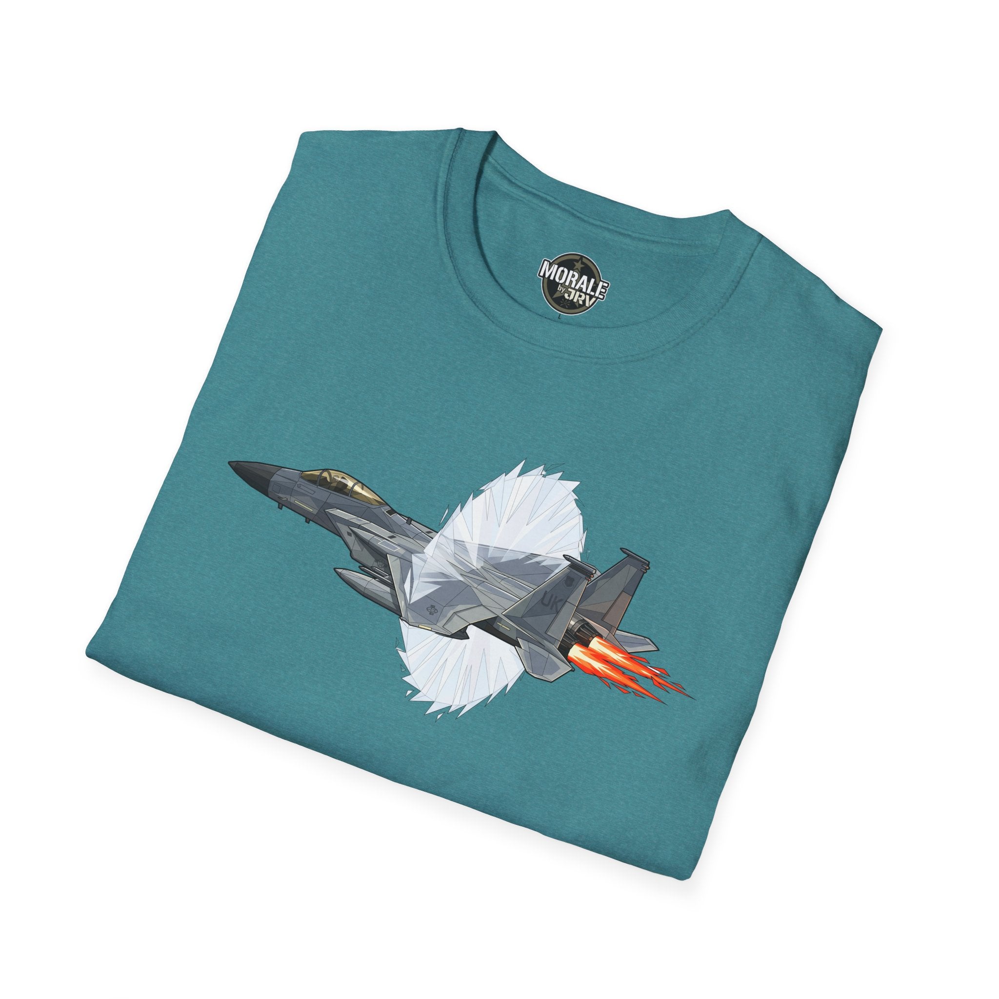 Teal T-shirt with fighter jet graphic and orange afterburner flames