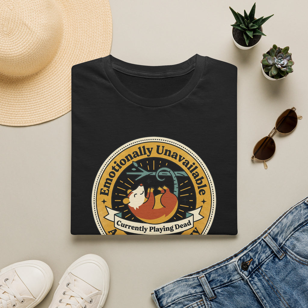 Black sloth graphic T-shirt with round "Currently Playing Dead" logo