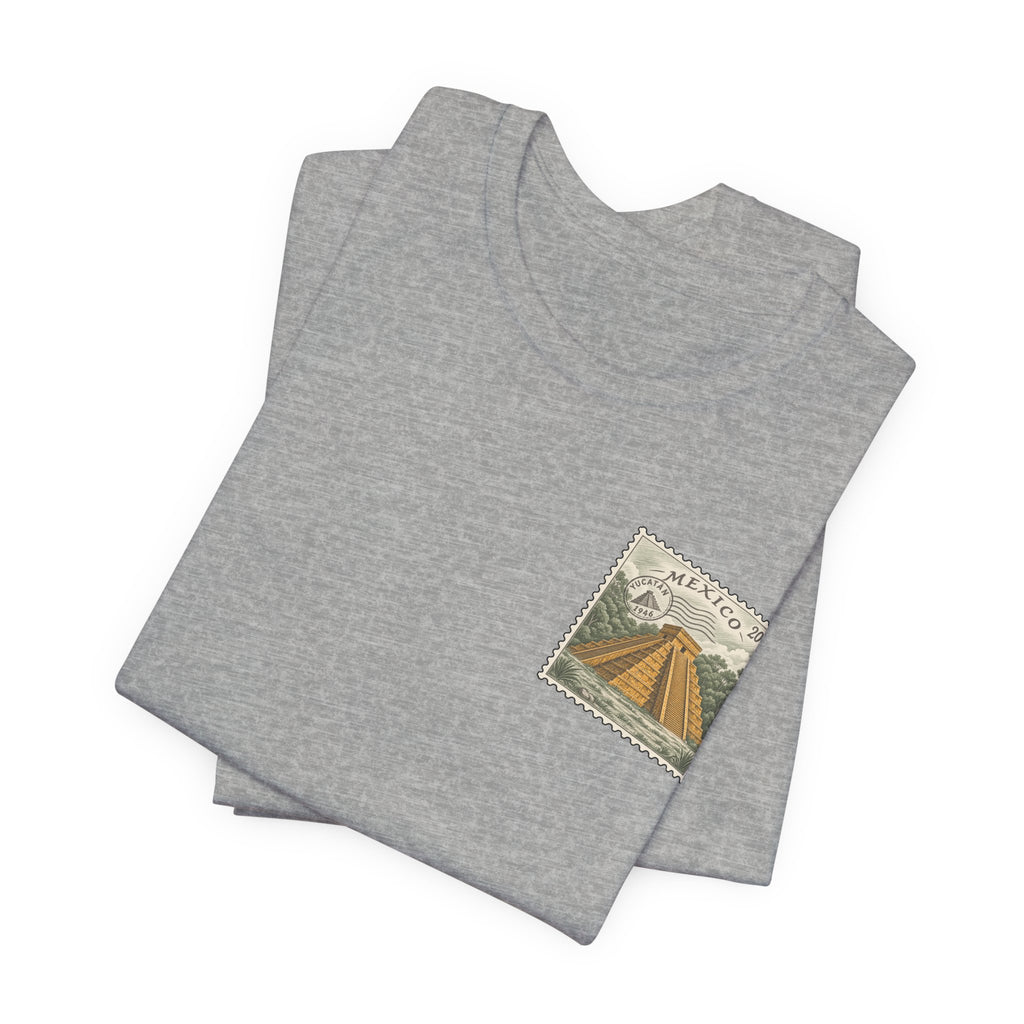 Heather gray crewneck T-shirt with small vintage-style Mexico postage stamp graphic