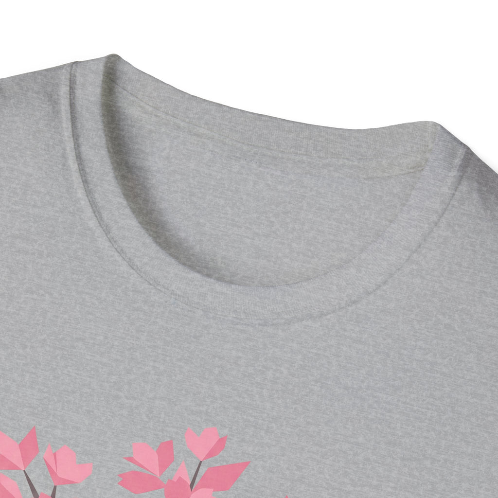 Heather gray T-shirt neckline with partial pink cherry blossom graphic below.