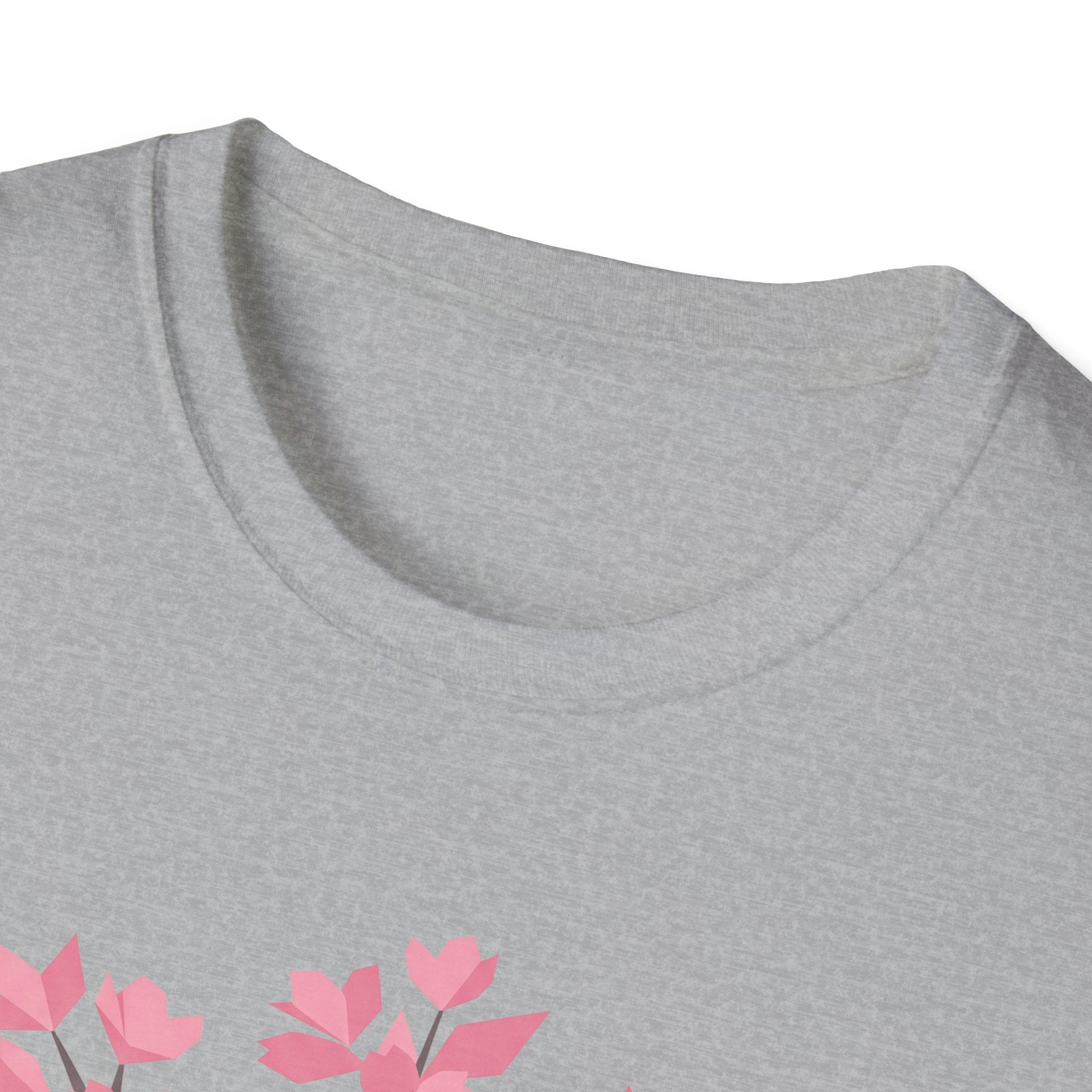 Heather gray T-shirt neckline with partial pink cherry blossom graphic below.
