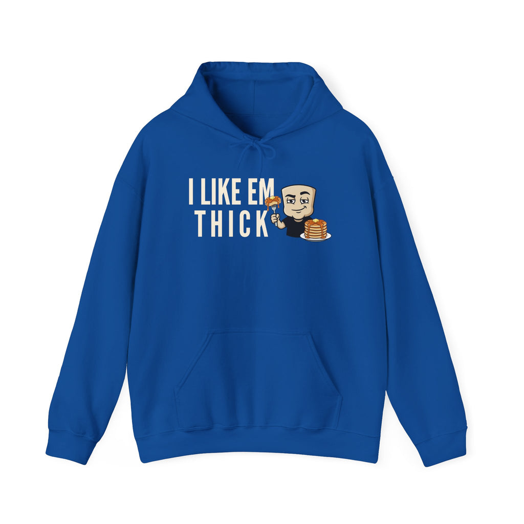 Royal blue hoodie with front pocket, drawstring, and 'I LIKE EM THICK' pancake graphic