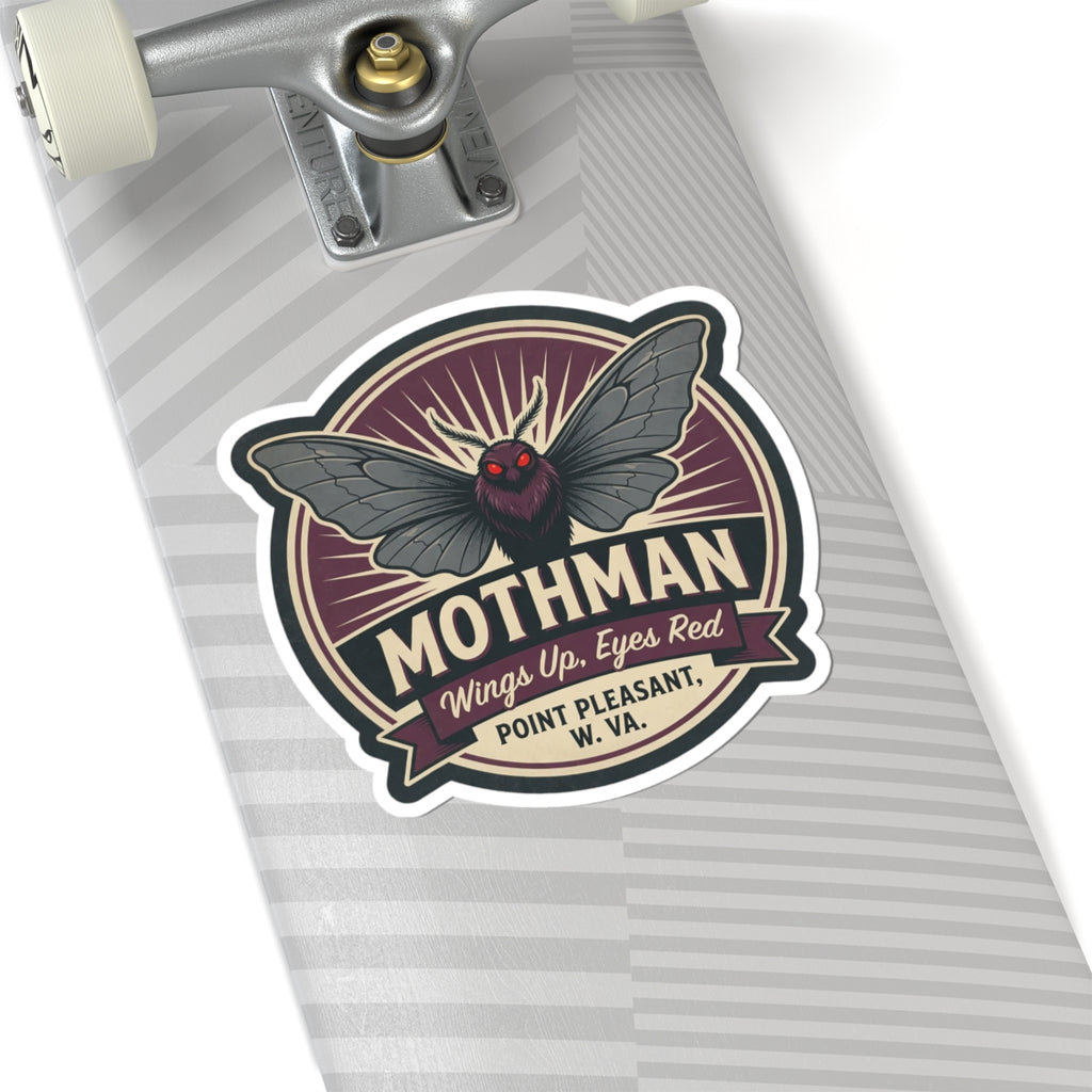 Mothman emblem kiss-cut sticker on striped paper, round badge with red eyes and wings
