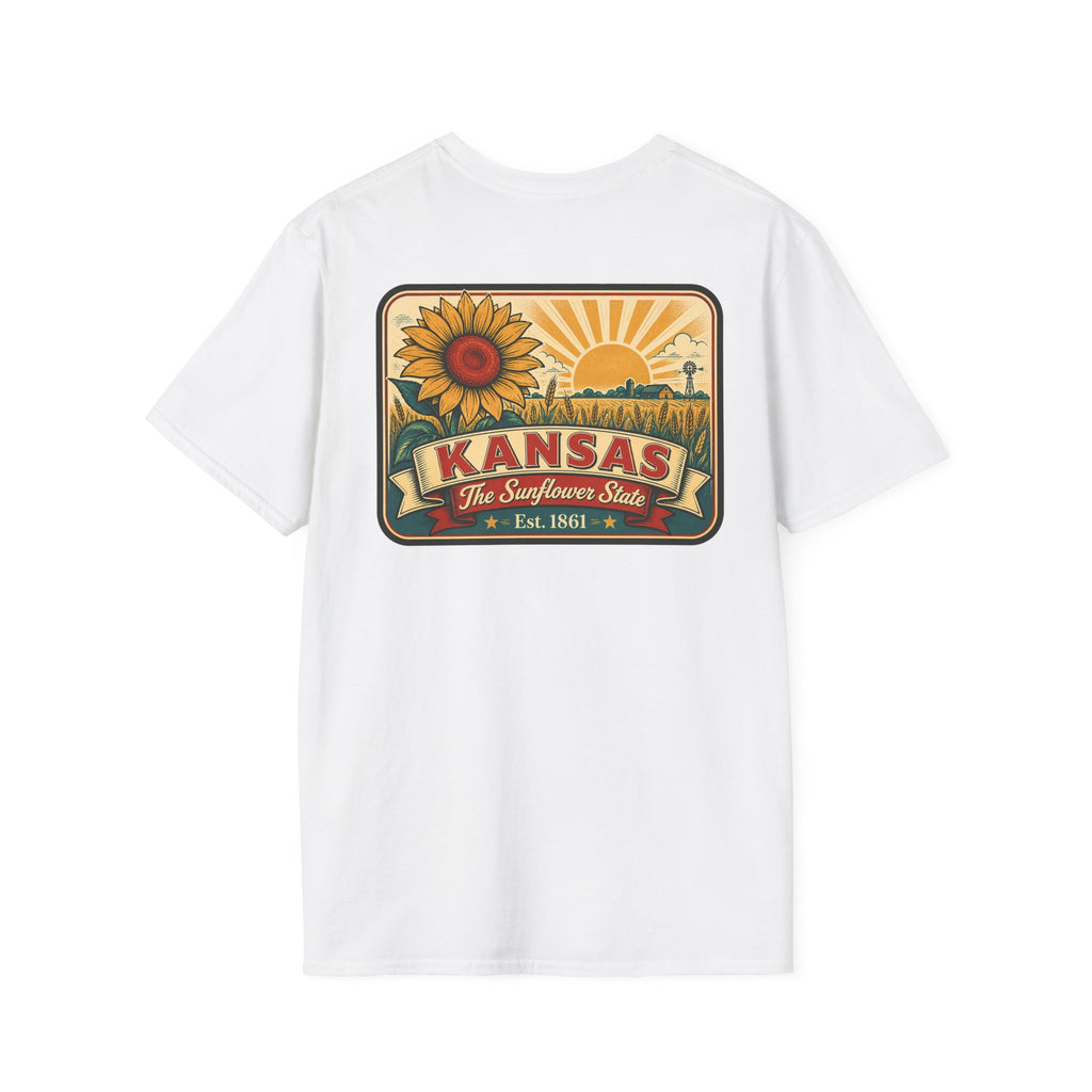 Kansas sunflower badge graphic T-shirt, white, crew neck short sleeves