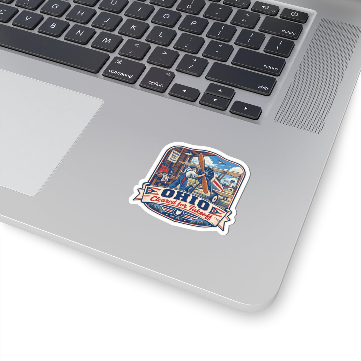 Ohio vintage airplane travel decal sticker, colorful blue and red design with border