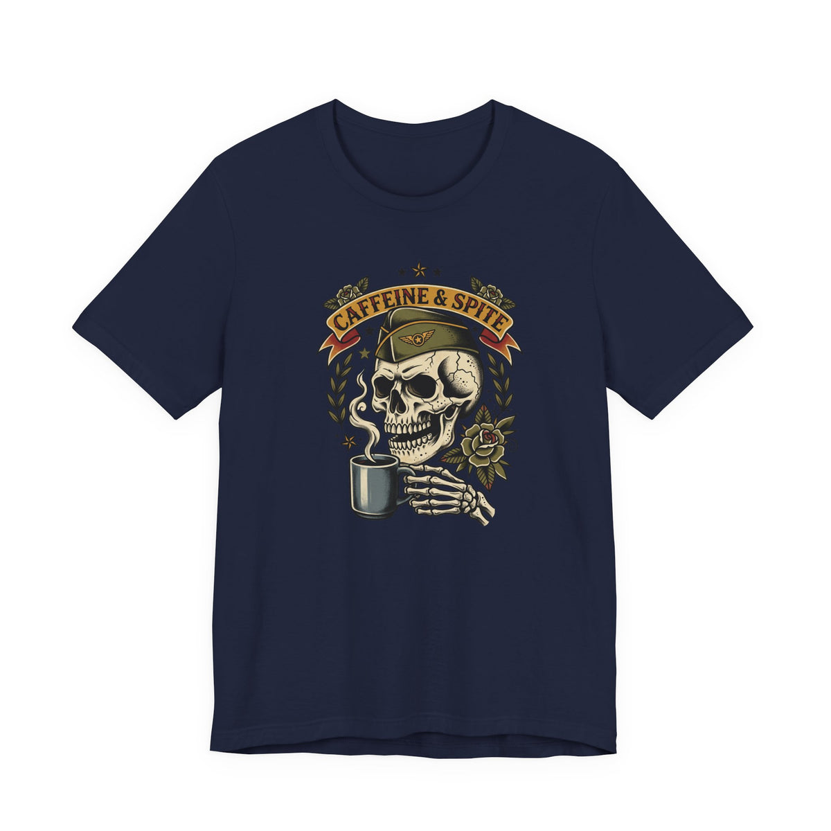 Navy vintage tattoo skull T-shirt with coffee mug graphic and leaf wreath