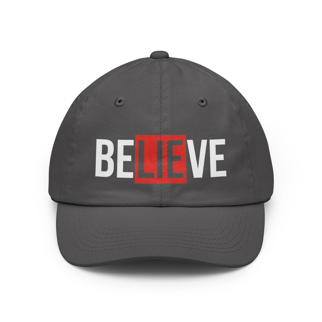 Charcoal dad hat with embroidered “BELIEVE” design in white and red center box