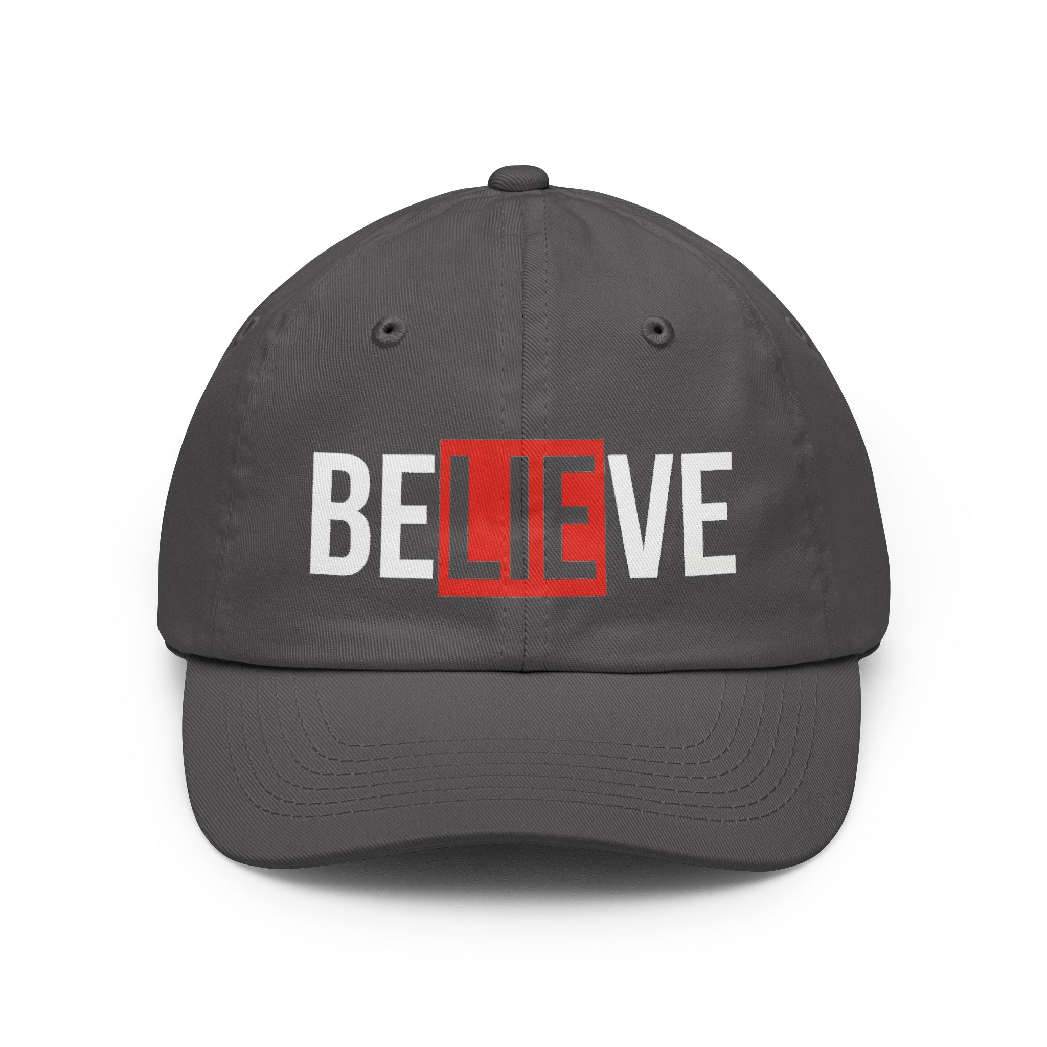 Charcoal dad hat with embroidered “BELIEVE” design in white and red center box