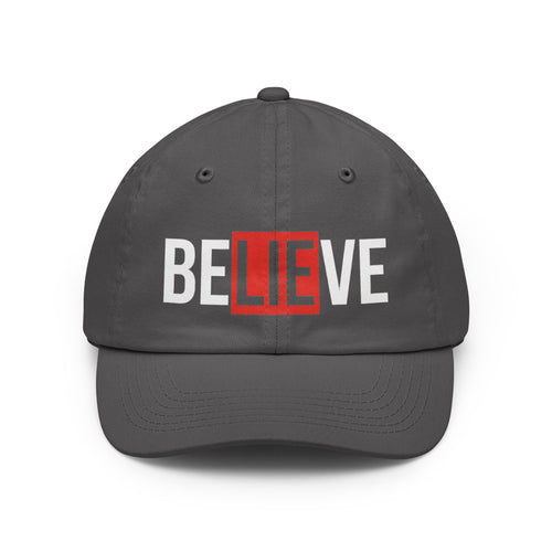 Charcoal dad hat with embroidered “BELIEVE” design in white and red center box
