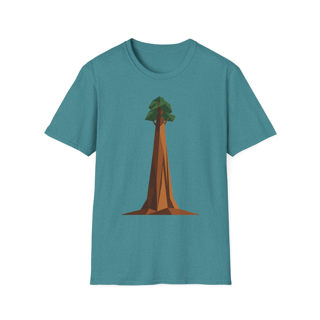Geometric tree T-shirt, teal base with low-poly redwood graphic on front