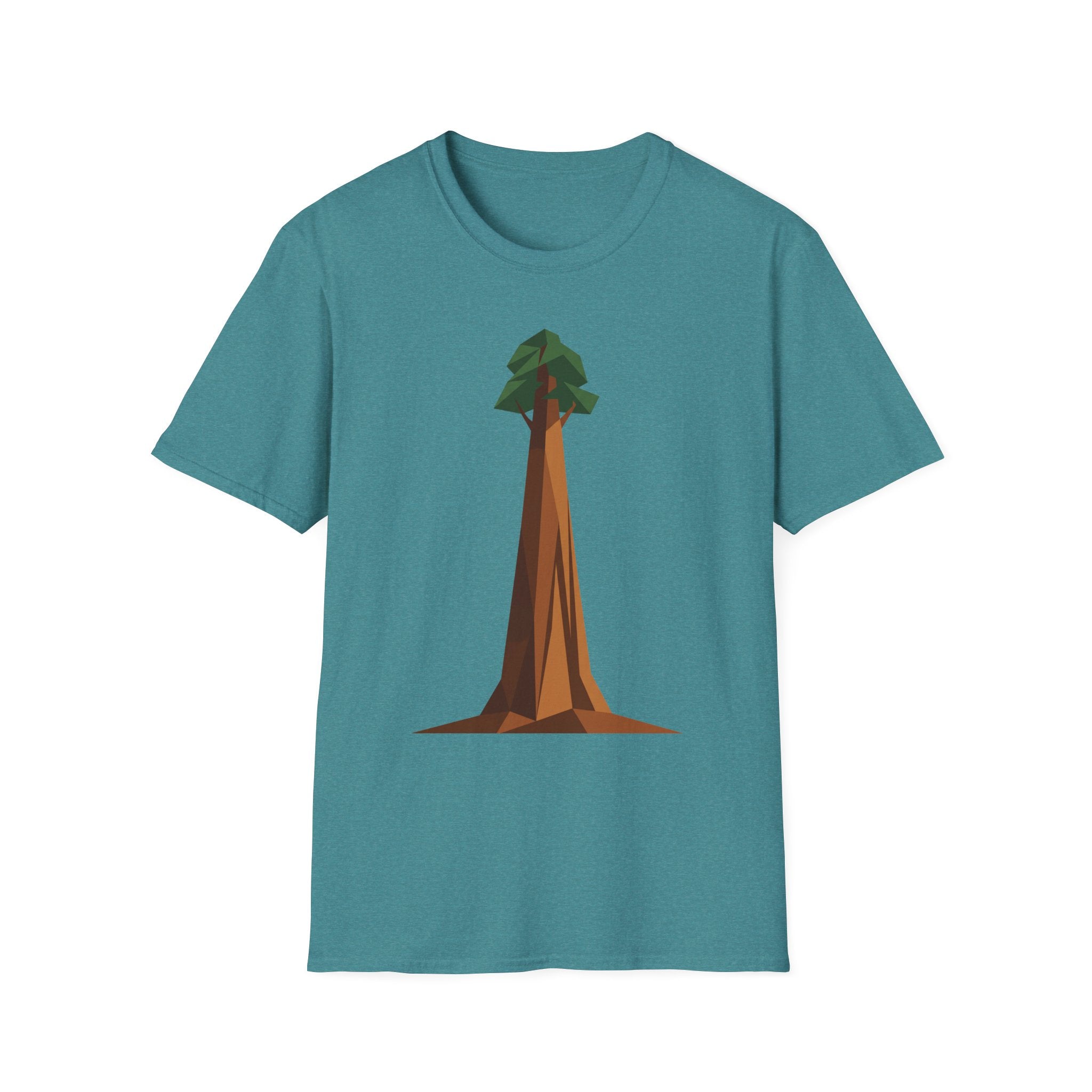 Geometric tree T-shirt, teal base with low-poly redwood graphic on front