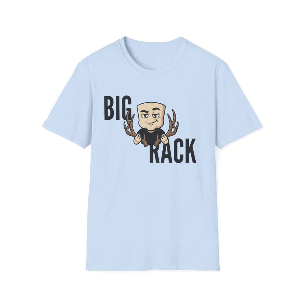 Light blue T-shirt with “BIG RACK” graphic and cartoon hunter with antlers