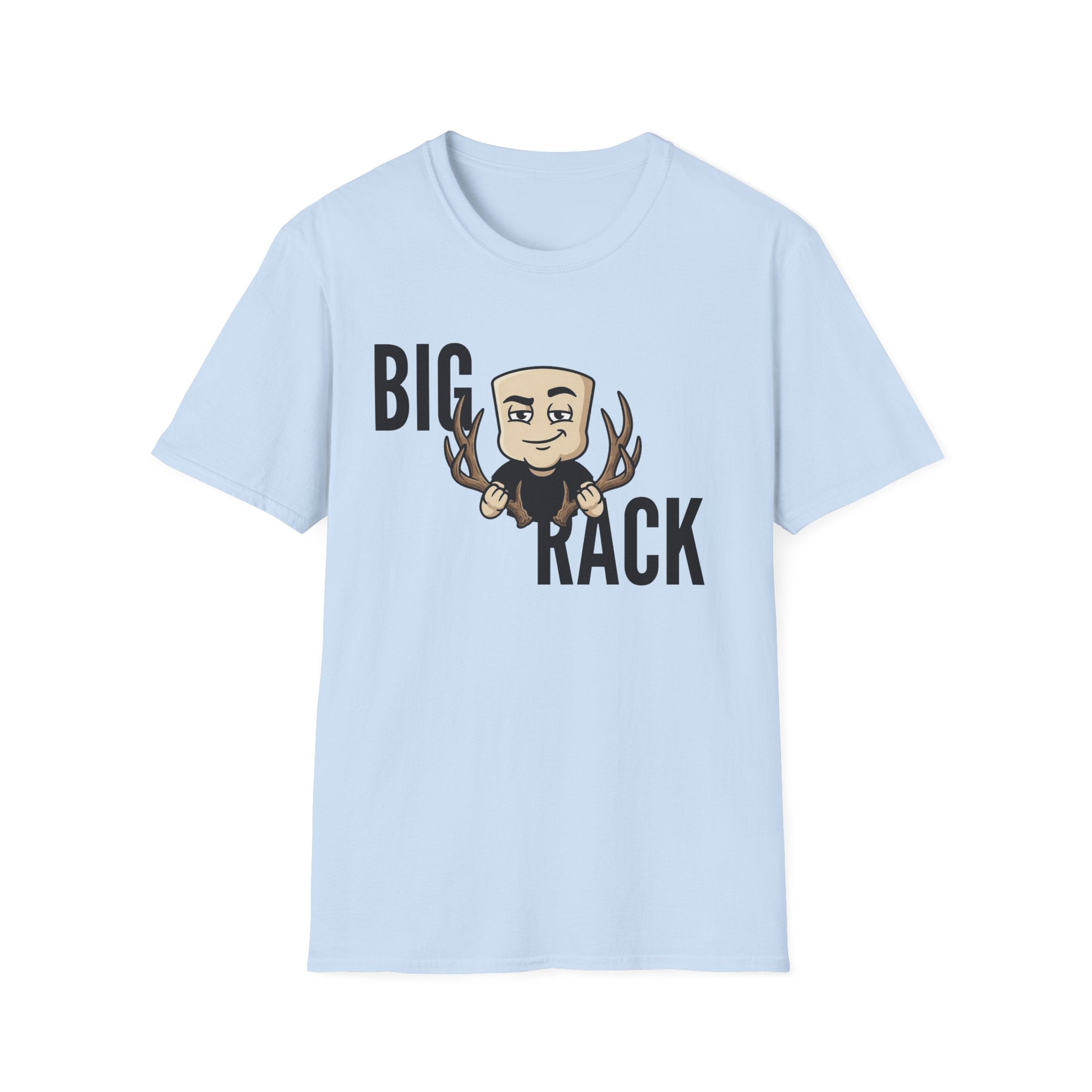 Light blue T-shirt with “BIG RACK” graphic and cartoon hunter with antlers