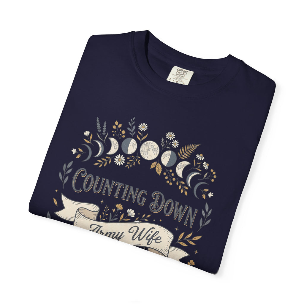 Navy crewneck T-shirt with floral crescent 'Counting Down' and 'Army Wife' graphic.