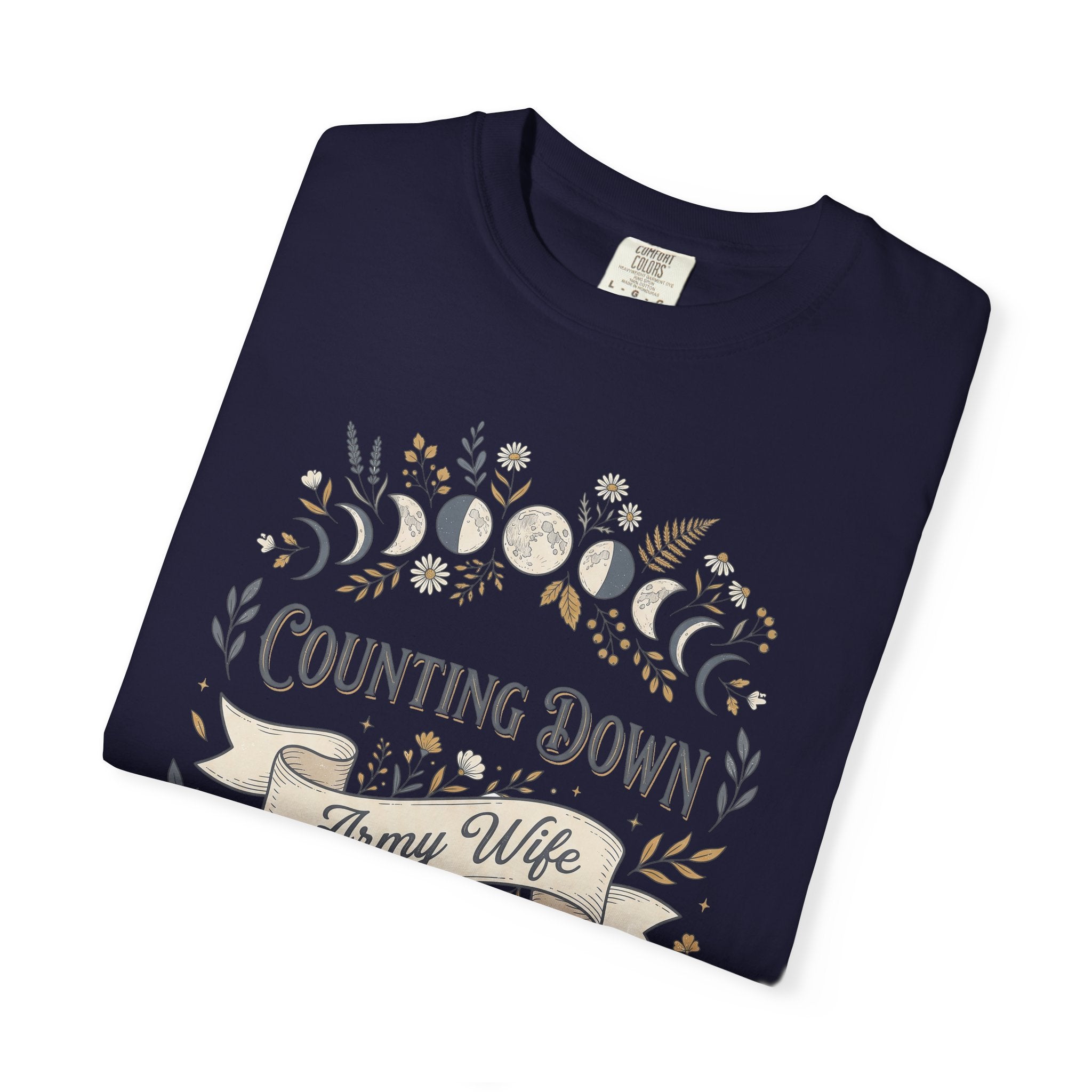Navy crewneck T-shirt with floral crescent 'Counting Down' and 'Army Wife' graphic.