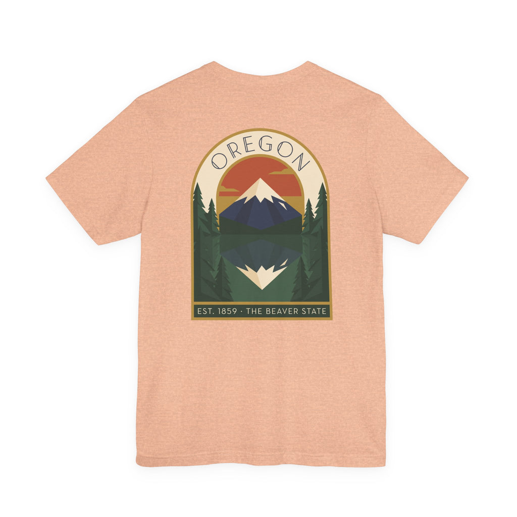 Light tan crewneck T-shirt with large centered Oregon graphic print