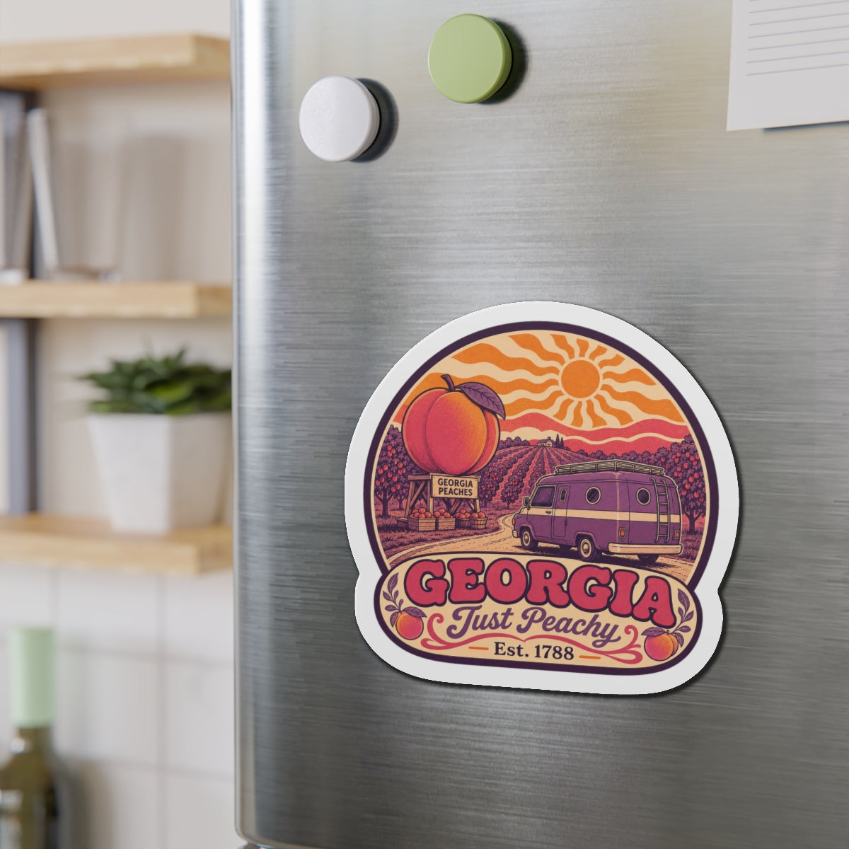Die-cut Georgia magnet featuring peach, sunrise, purple van illustration, and Est. 1788