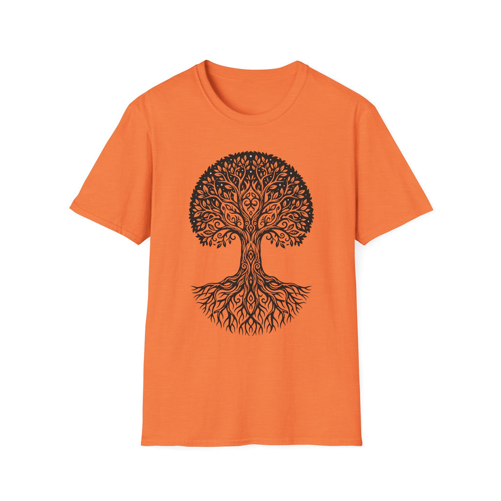 Tree of Life T-shirt, orange; detailed botanical tree graphic printed in black at center