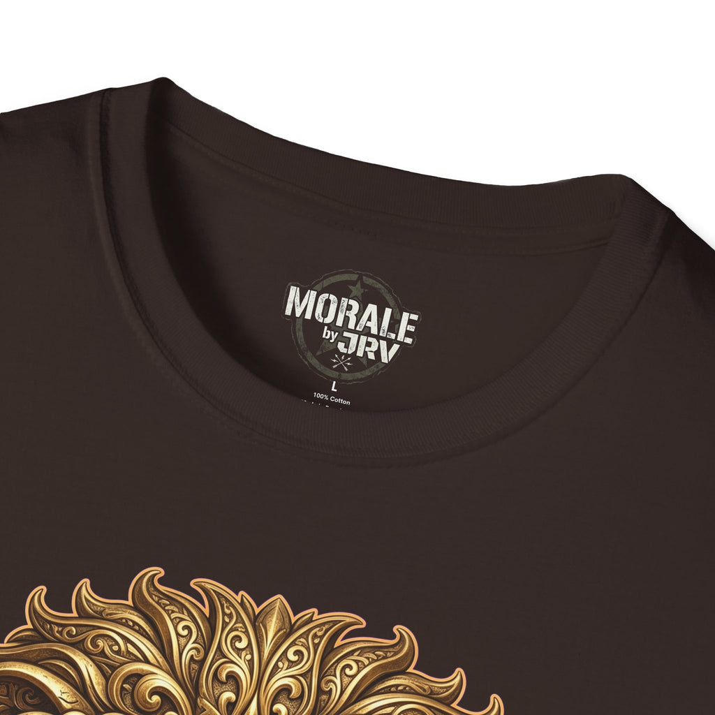 Dark chocolate t-shirt neckline with brand label; ornate gold lion head design detail.