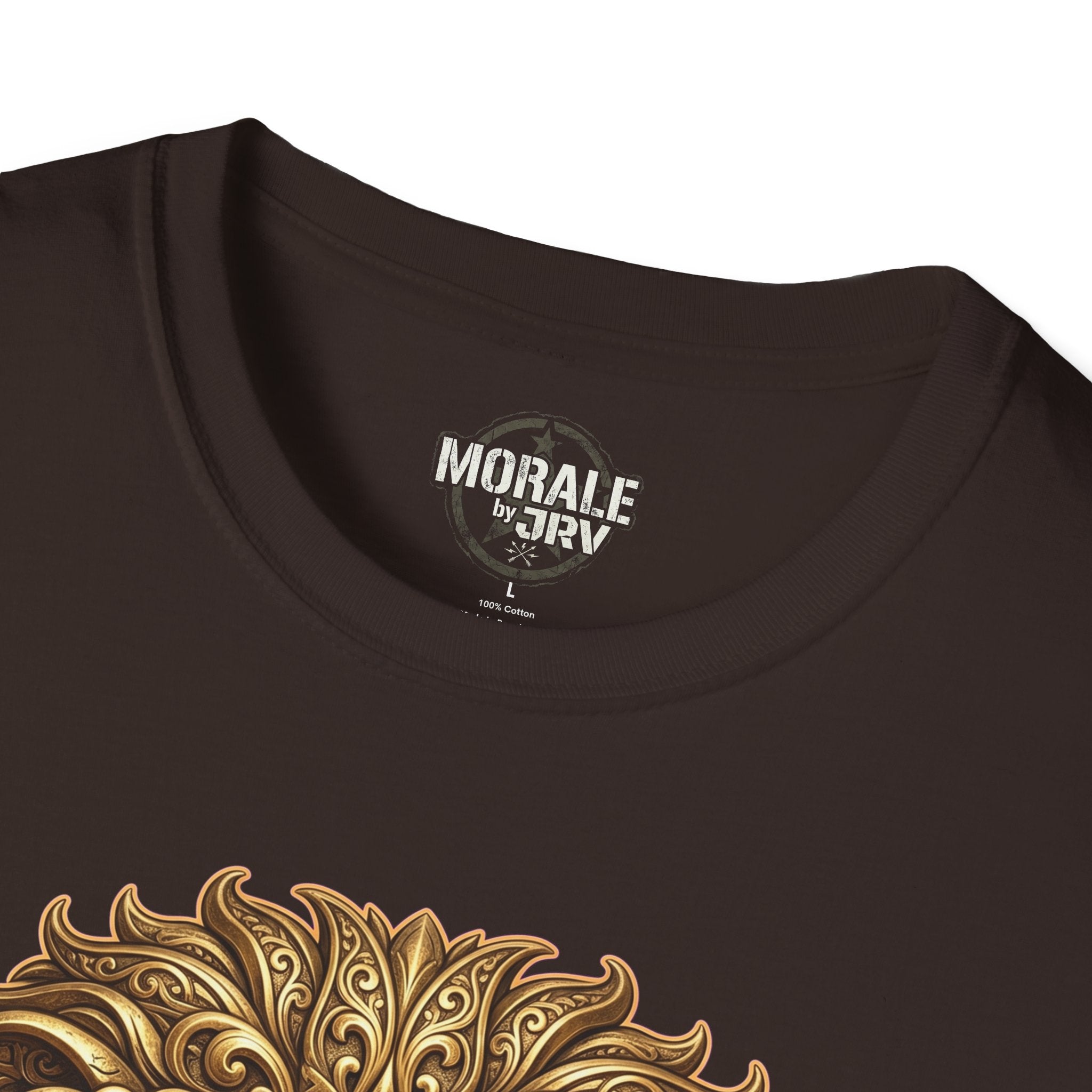Dark chocolate t-shirt neckline with brand label; ornate gold lion head design detail.