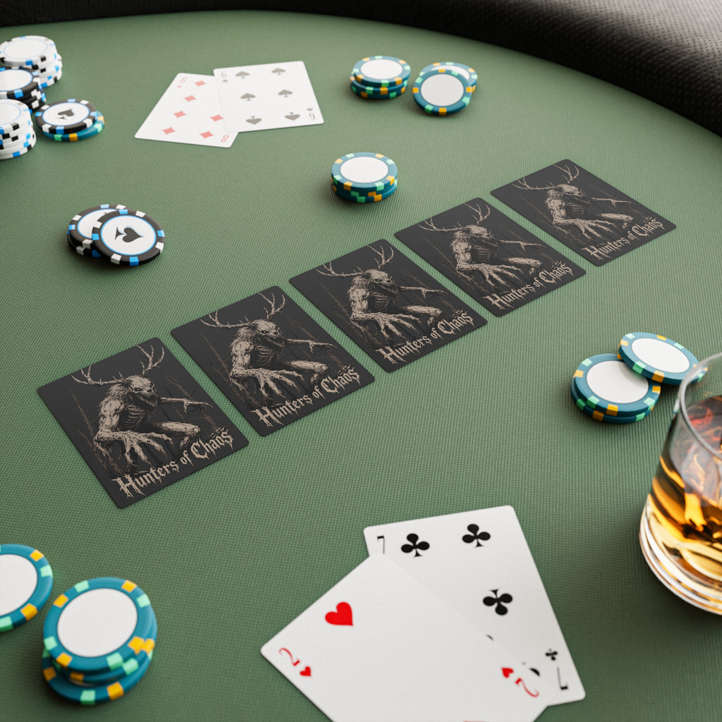Poker cards with Hunters of Chaos back designs laid out