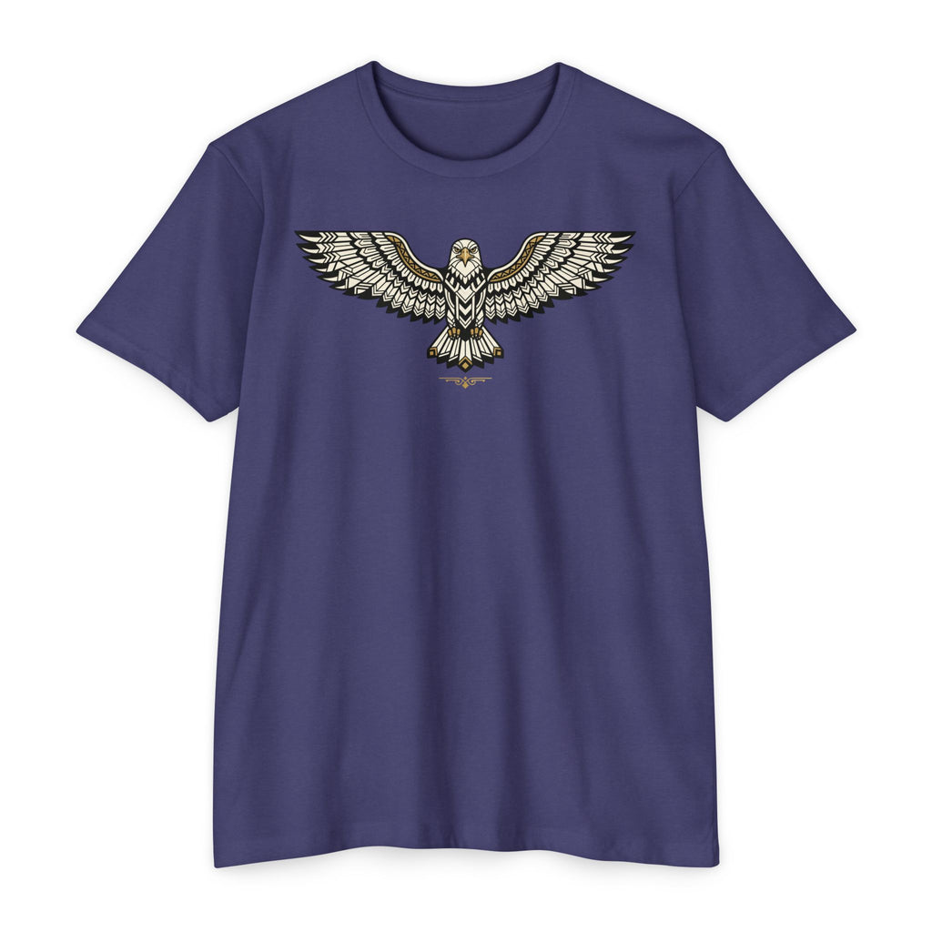 Purple T-shirt with centered owl wing illustration graphic across the chest