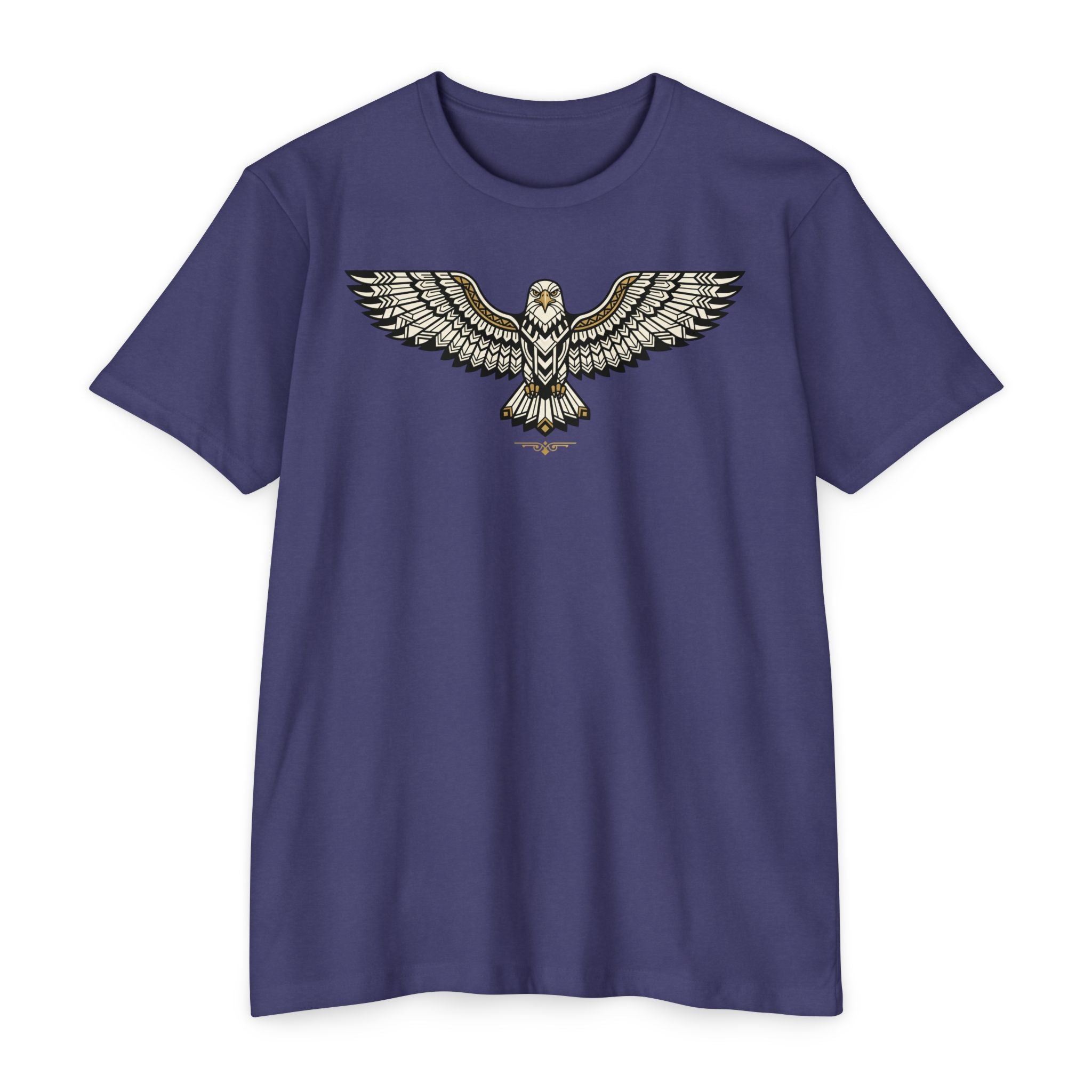 Purple T-shirt with centered owl wing illustration graphic across the chest