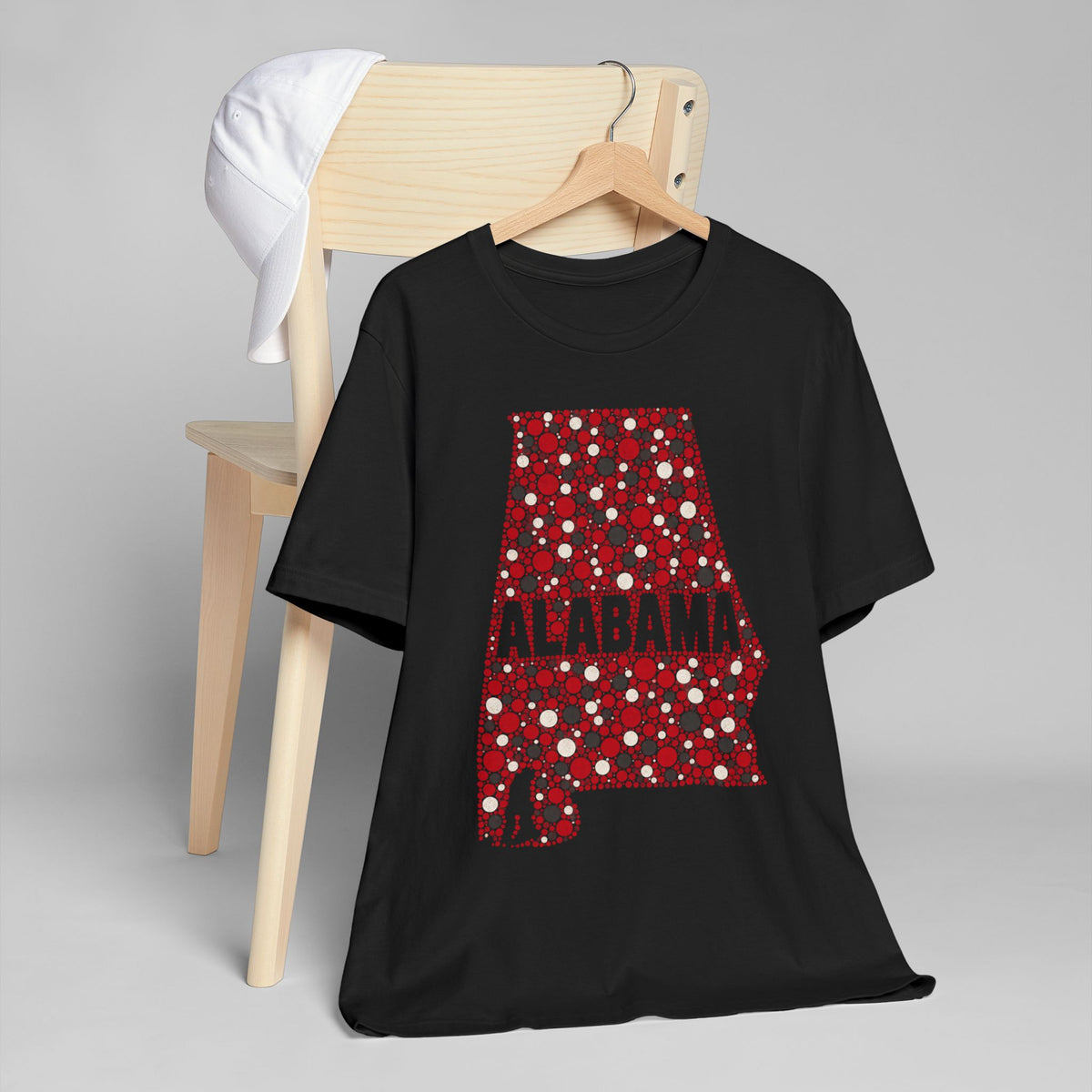 Black crew-neck T-shirt with red Alabama floral state graphic centered