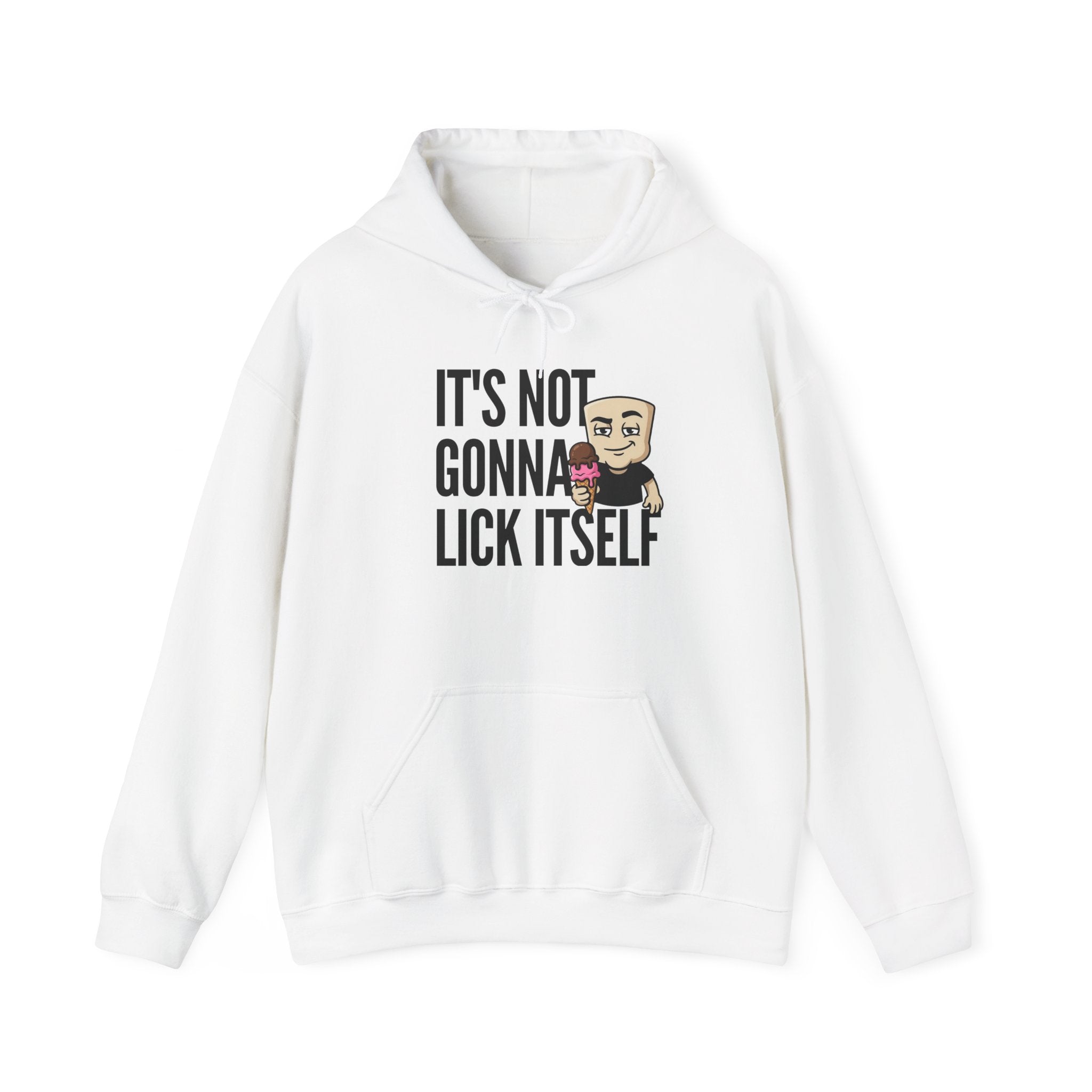 White hoodie with front pocket, hood, and ice cream character 'IT'S NOT...' graphic.