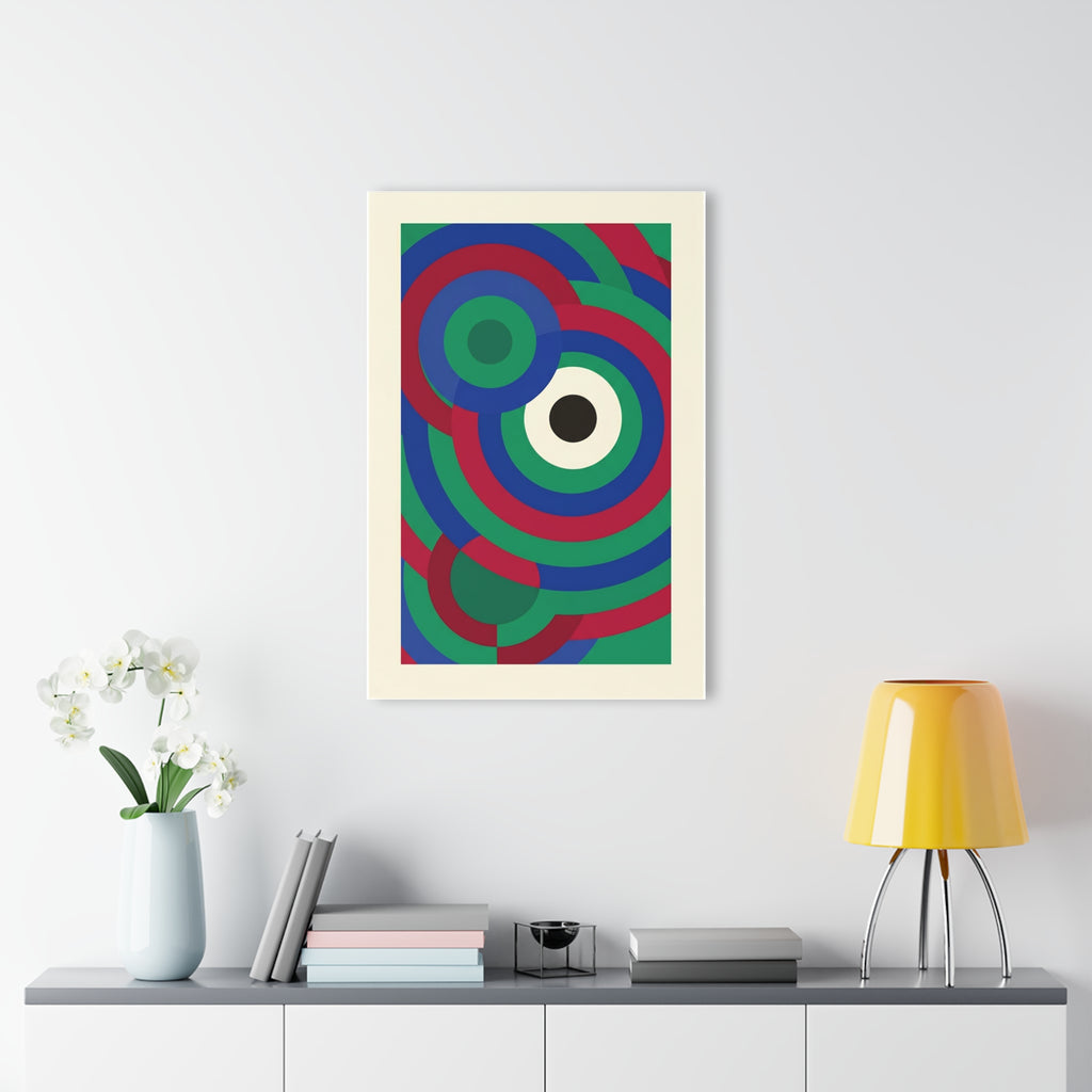Framed geometric concentric circles with blue, green, red rings and two center dot circles