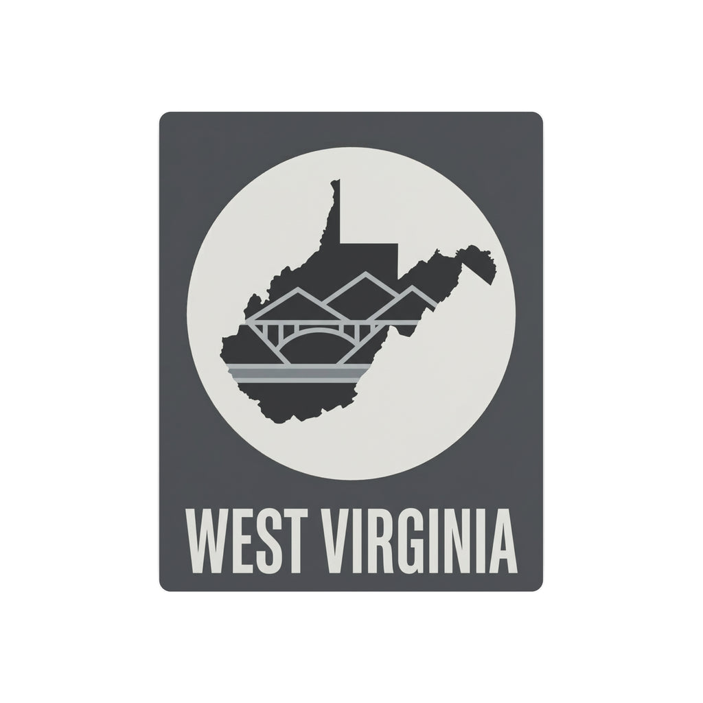 West Virginia metal wall art sign in dark gray with circular skyline silhouette and WEST VIRGINIA text