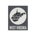 West Virginia metal wall art sign in dark gray with circular skyline silhouette and WEST VIRGINIA text