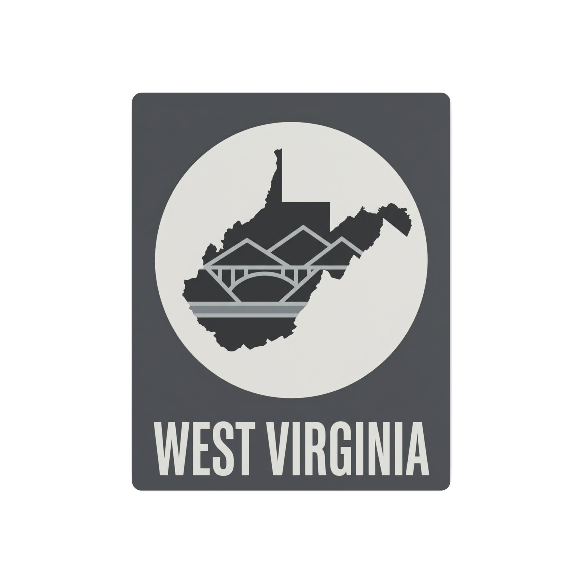 West Virginia metal wall art sign in dark gray with circular skyline silhouette and WEST VIRGINIA text
