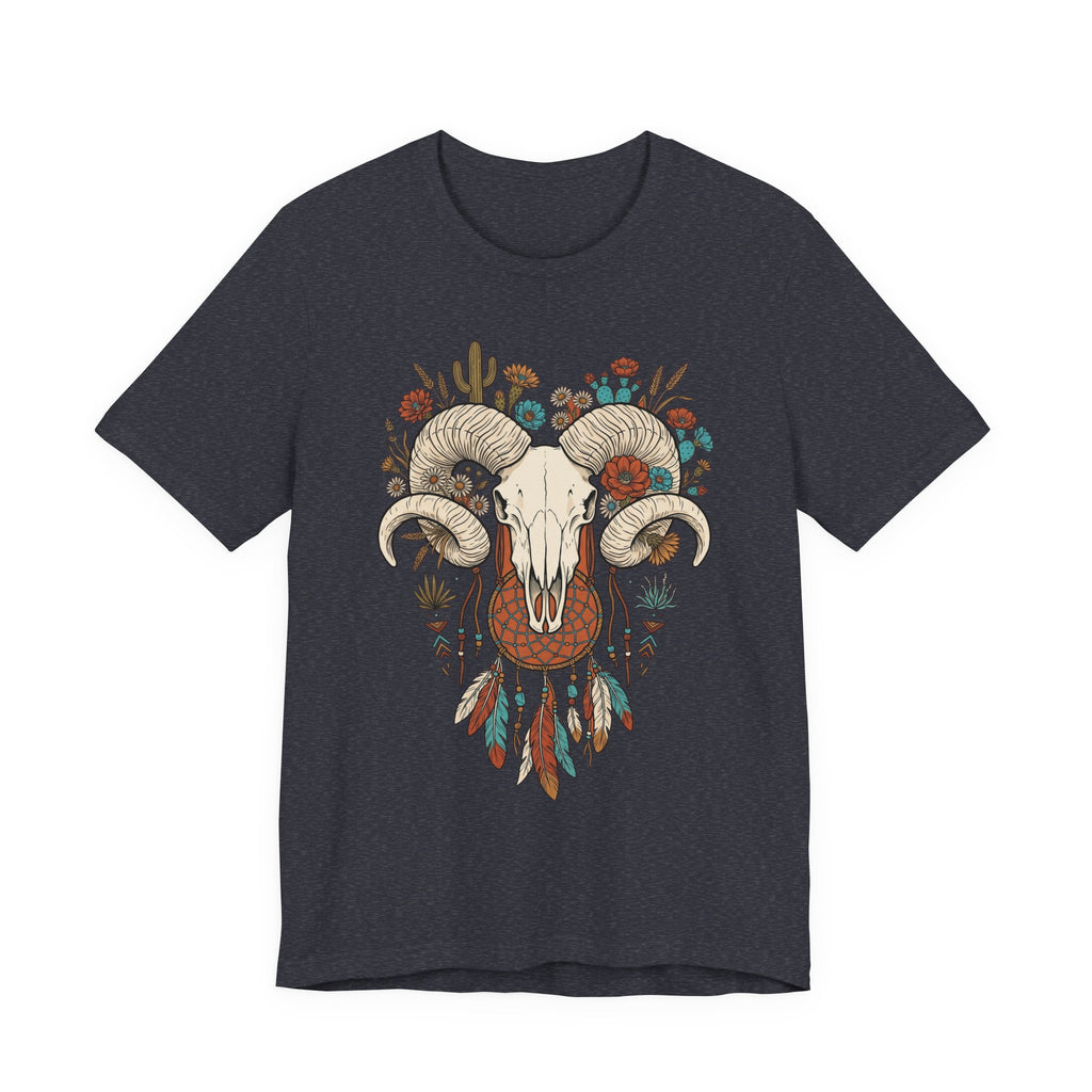 Ram skull with horns graphic T-shirt, dark charcoal front