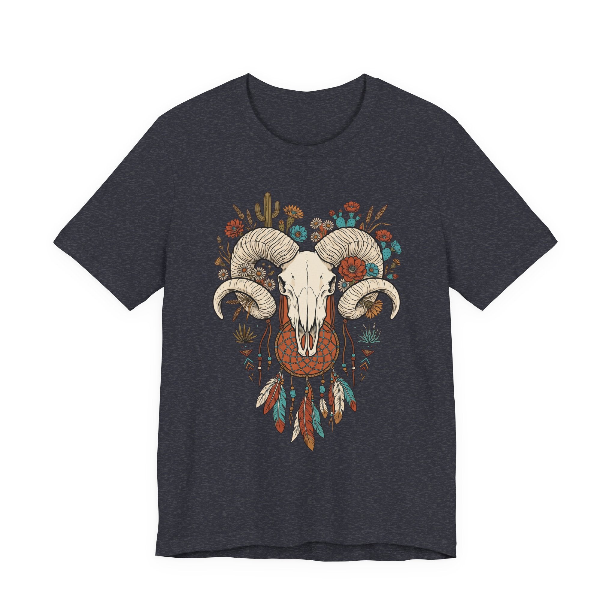 Ram skull with horns graphic T-shirt, dark charcoal front