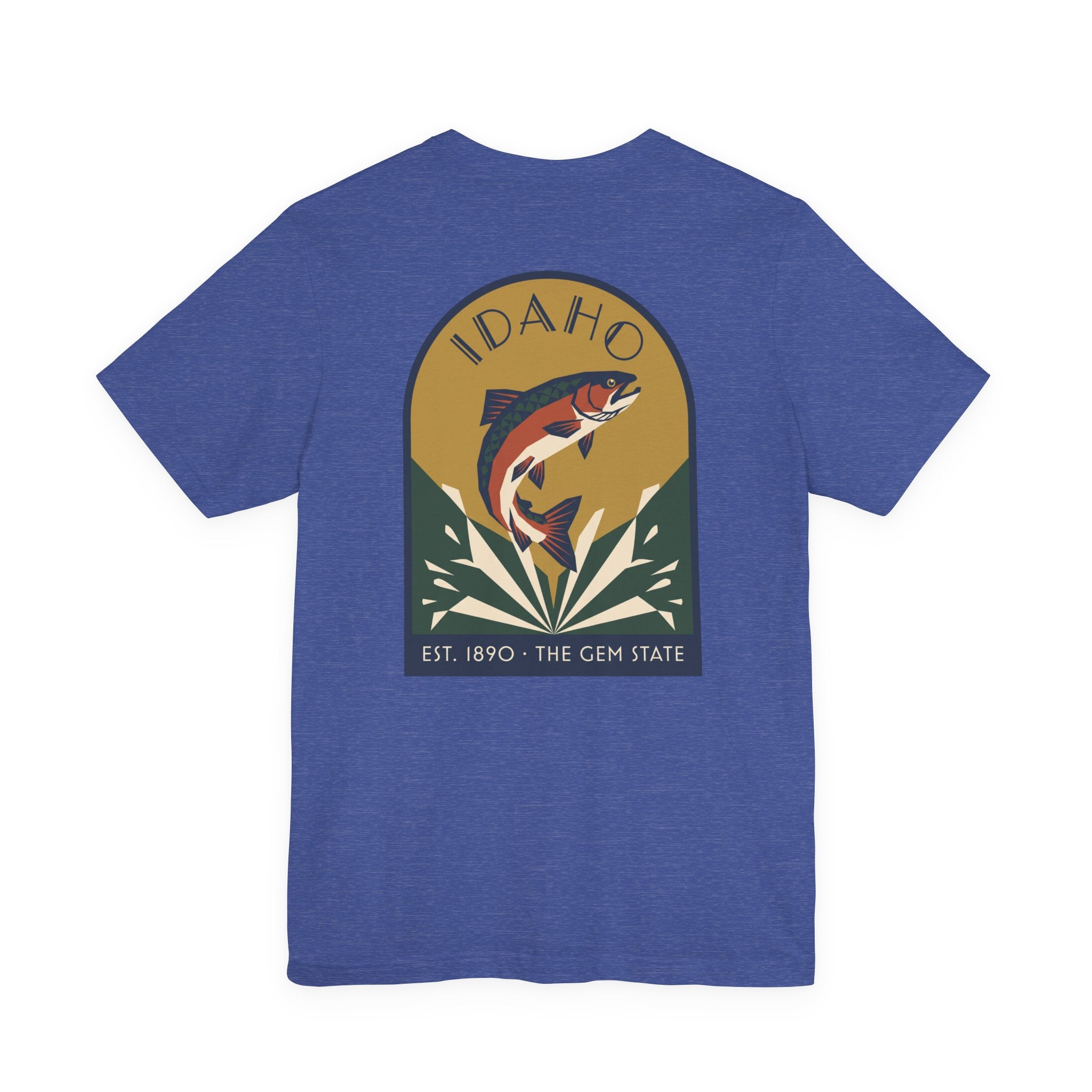 Royal blue crewneck t-shirt with circular Idaho trout badge graphic and "EST. 1890 • THE GEM STATE" text.