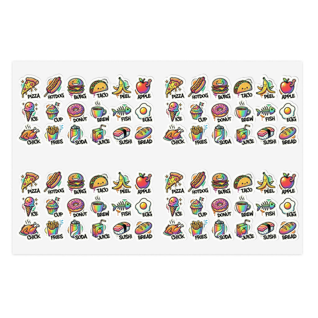 Cute food icon sticker sheet with repeated snacks: pizza, burger, taco, sushi, egg
