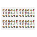 Cute food icon sticker sheet with repeated snacks: pizza, burger, taco, sushi, egg