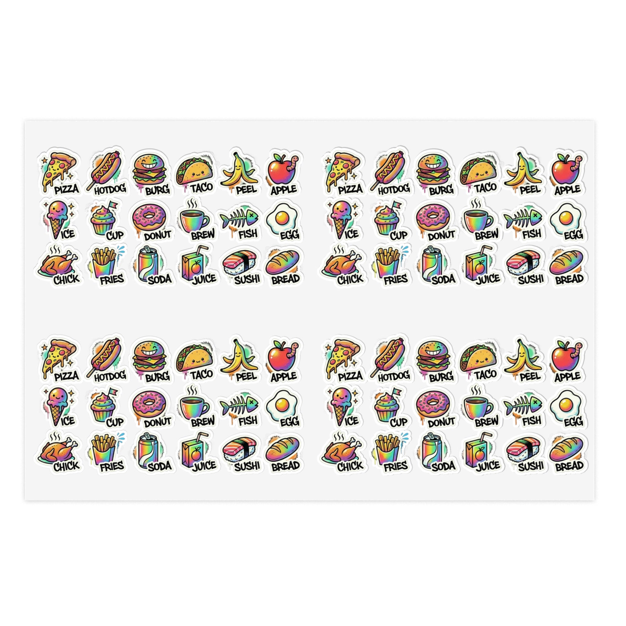 Cute food icon sticker sheet with repeated snacks: pizza, burger, taco, sushi, egg
