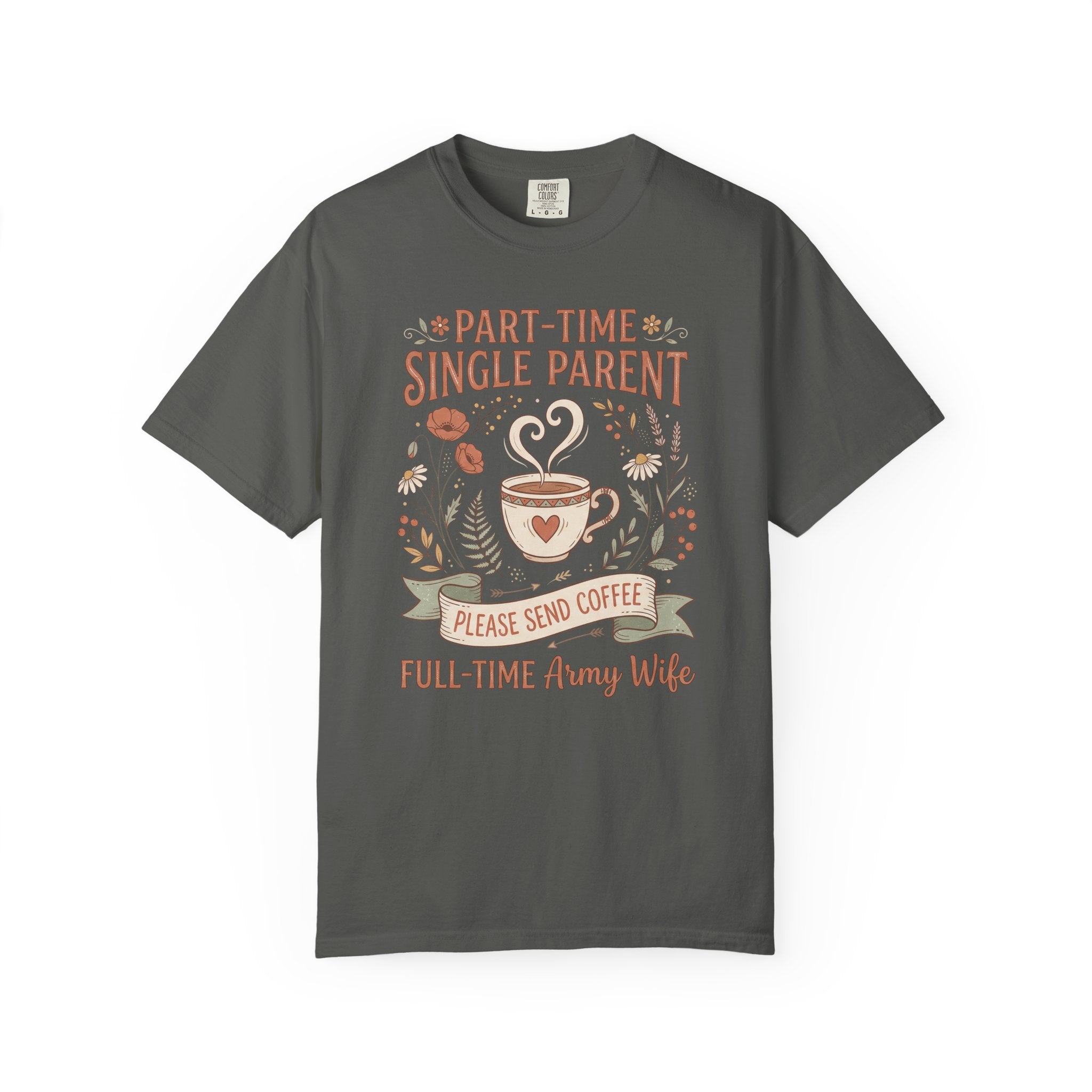 Charcoal gray t-shirt with coffee and floral text graphic, short sleeves