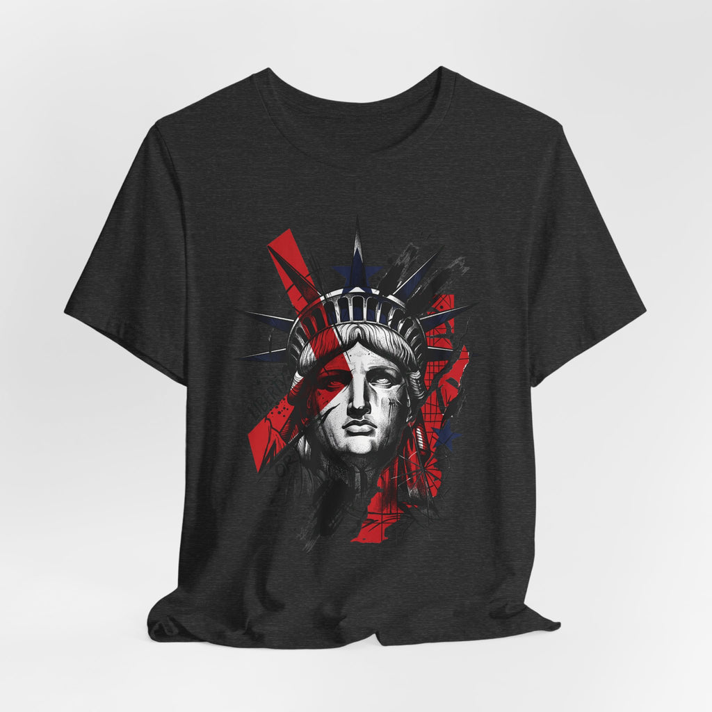 Black crewneck T-shirt with Statue-style head graphic in red, white, and blue