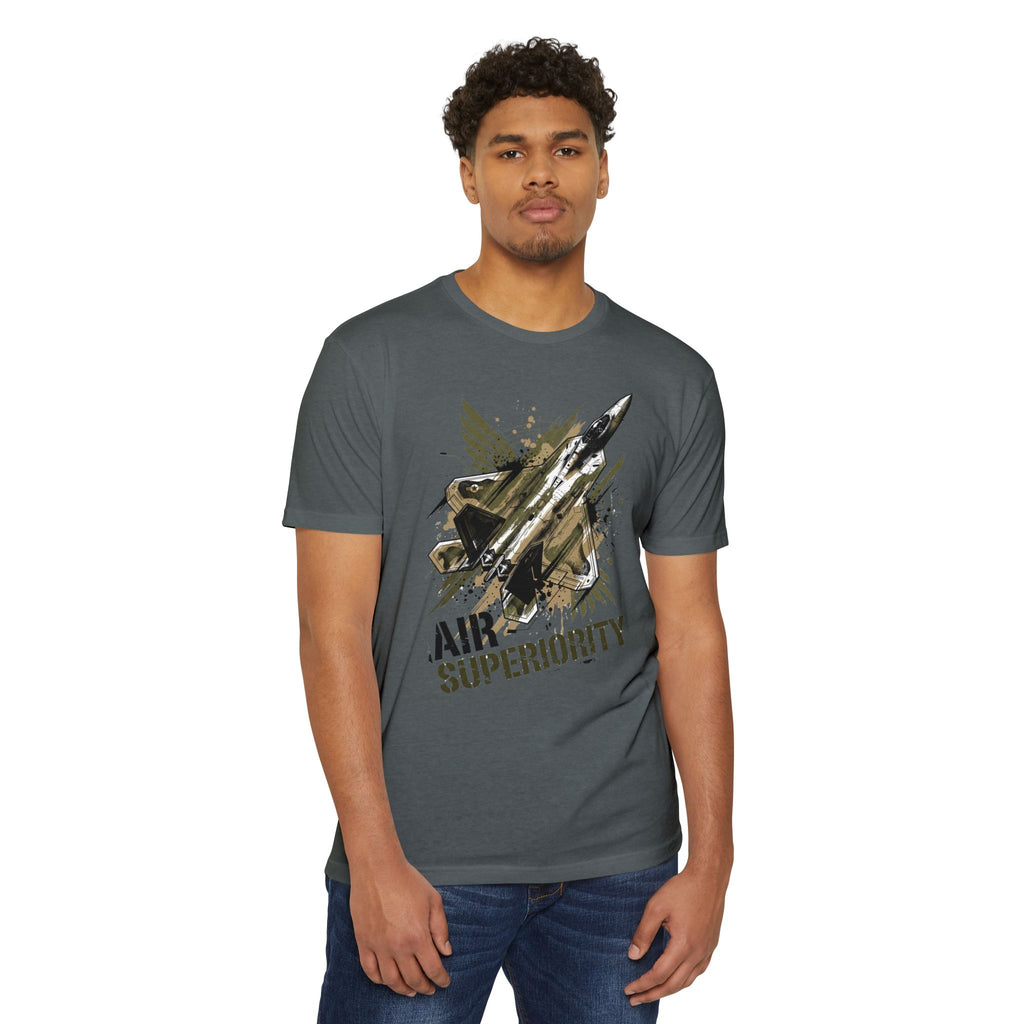 Charcoal-blue crewneck T-shirt with gold airplane graphic on front