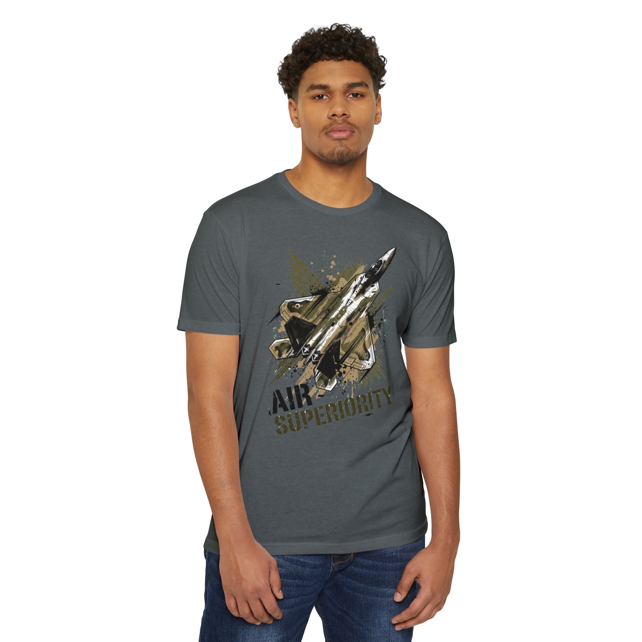 Charcoal-blue crewneck T-shirt with gold airplane graphic on front