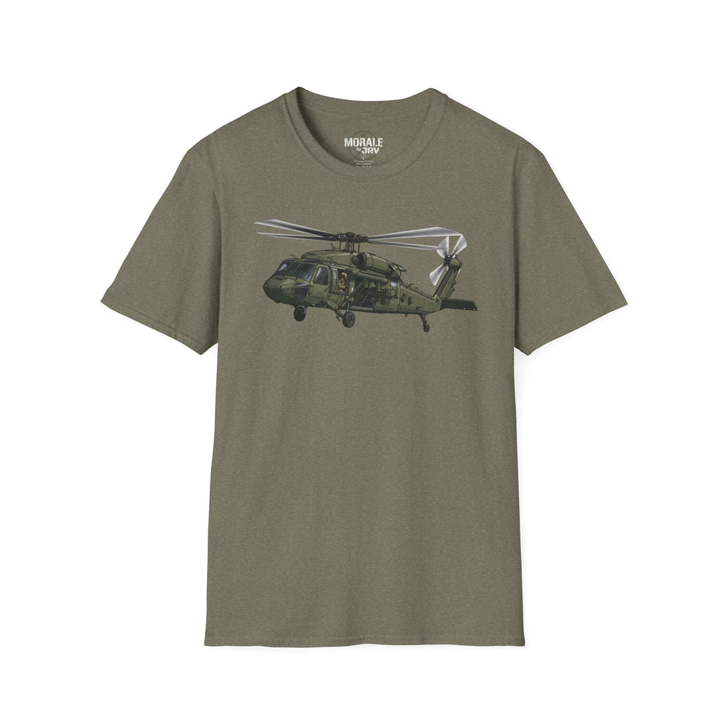 Military Black Hawk helicopter graphic T-shirt, dark olive green